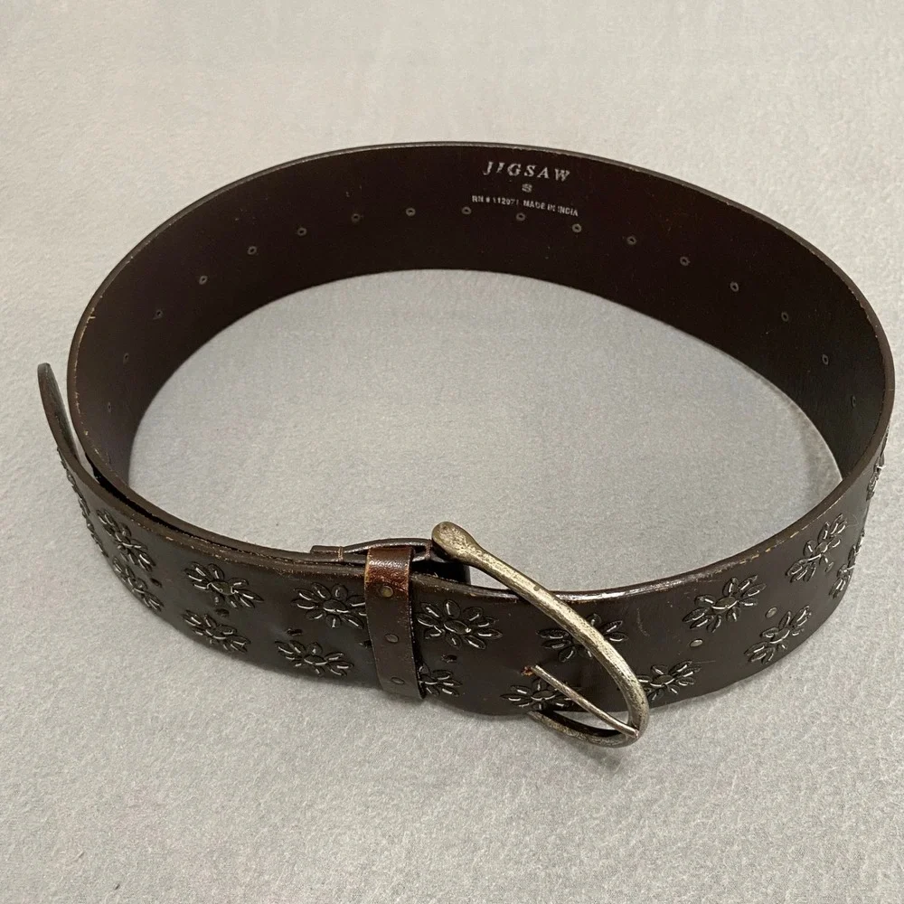 Jigsaw Dark Brown Leather Wide Floral Studded Boho Western Belt S Distressed